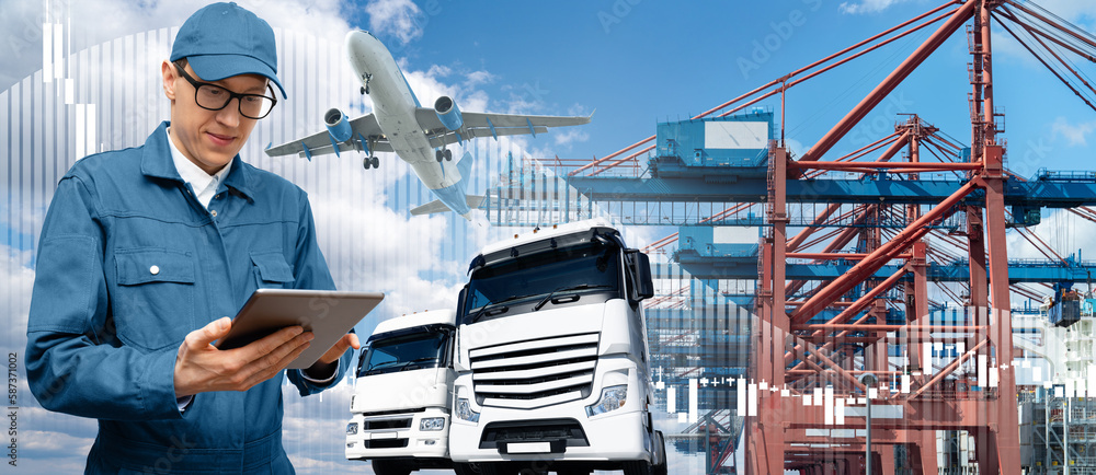 Poster manager with a digital tablet on a background of a ship loaded with containers in the seaport, airpl