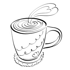 cup of hot drink with heart shaped steam on plate, black outline on white background