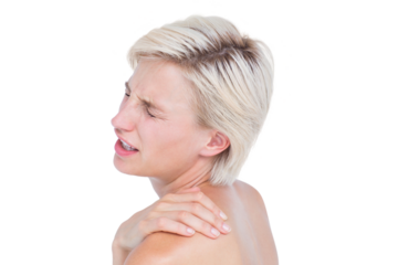 Suffering woman touching her shoulder 