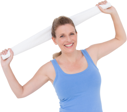 Fit woman holding white towel - Powered by Adobe