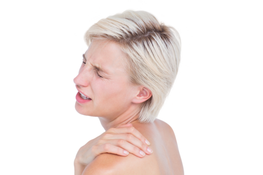 Suffering woman touching her shoulder 