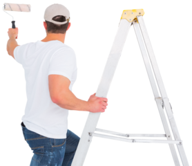 Handyman climbing ladder while using paint roller