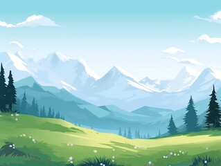 illustration of Flat summer cartoon landscape. Fields with trees and mountains in the background. Generative Ai.