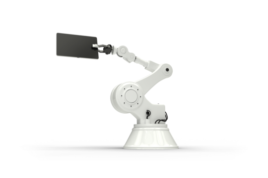 Tablet and robot against white background