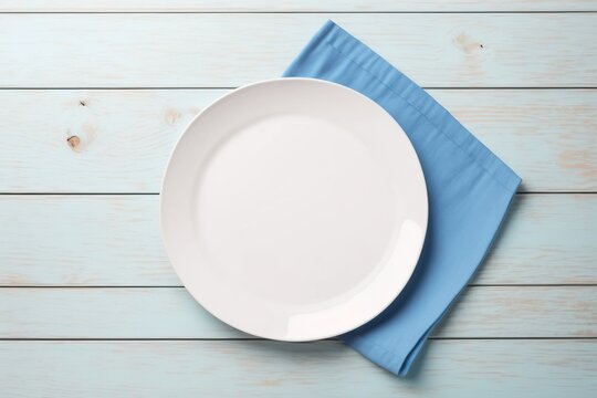 white plate on wooden background, photo of a porcelain plate on a light blue kitchen towel on a wooden background