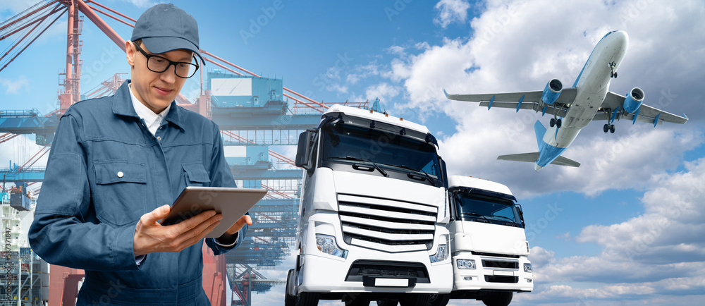 Poster Manager with a digital tablet on a background of a ship loaded with containers in the seaport, airplane and trucks. International trade and logistics concept	