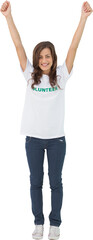 Woman wearing volunteer tshirt raising her arms