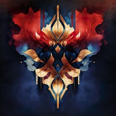 Abstract watercolor Rorschachach ink blot test.  Red and indigo blue Art Deco background with flaming copper fire and gold details.  Generative AI