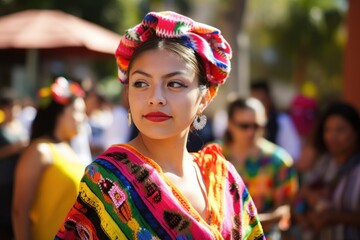 Fototapeta premium Cinco de Mayo woman with colorful decorations, traditional Mexican symbols, and party elements, perfect for holiday and cultural celebrations, Generative AI