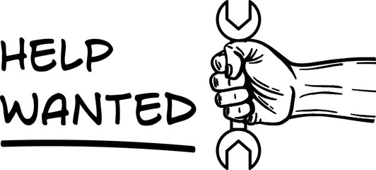 Graphic image of cropped hand with wrench by text