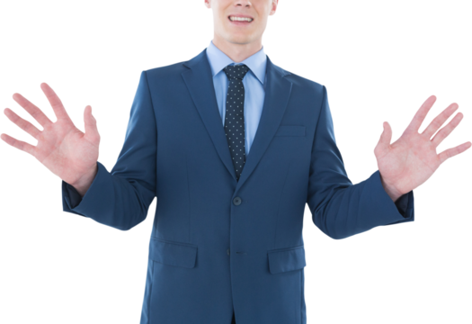 Mid section of smiling businessman using imaginary screen
