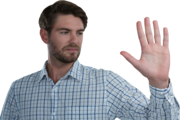 Man gesturing stop sign against white background