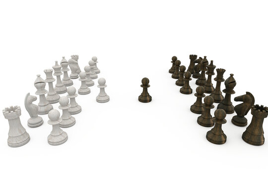 Wooden chess pieces facing off 