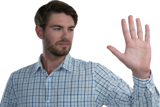Man gesturing stop sign against white background