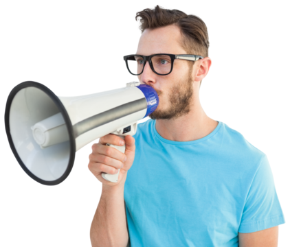 Handsome hipster talking through megaphone