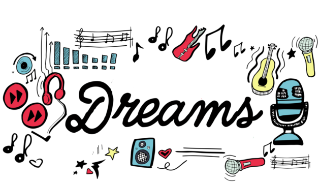 Dreams text amidst various colorful vector icons