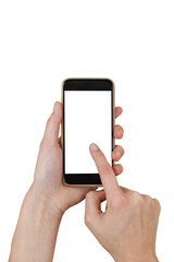Human hand holding smart phone over white background