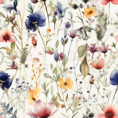 seamless pattern of wild flowers. watercolor design. Generative AI