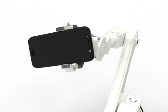 Graphic image of robot showing smart phone