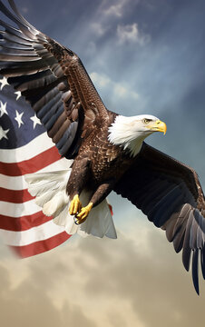 An image capturing the majesty of an eagle against the backdrop of the American flag.