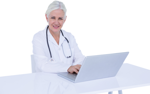 Portrait of smiling female doctor using laptop