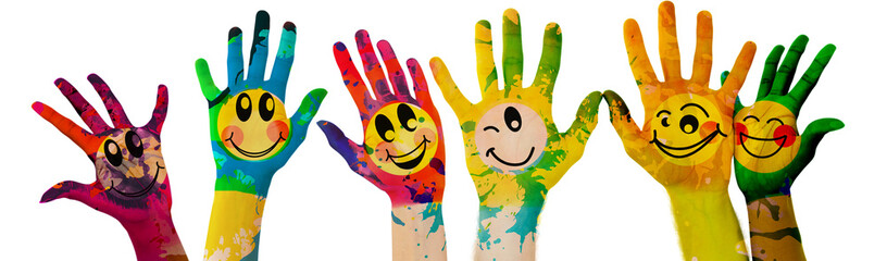 Hands with colourful smiley faces
