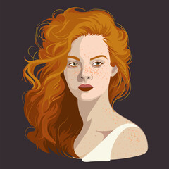 Portrait of a beautiful girl with freckles and red loose hair.