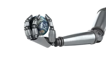 Foto auf Leinwand Digitally generated image of chrome robot hand with globe © vectorfusionart