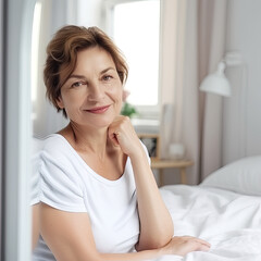 Fototapeta premium AI generated smiling senior woman looking at camera while sitting on bed at home