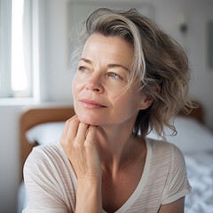 AI generated smiling senior woman looking at camera while sitting on bed at home