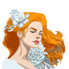 Girl with closed eyes, freckles and red loose hair decorated with flowers.
