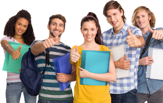 College students gesturing thumbs up