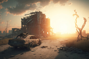 Post-apocalypse: The End of the World. Rusty car and terribly ruined landscape at sunset | Generative AI Production