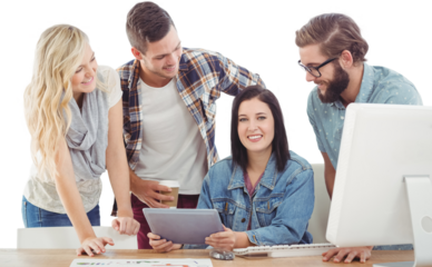 Cheerful business professionals using digital tablet 