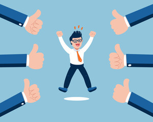 Fototapeta na wymiar Vector illustration business concept happy businessman with many thumbs up hands for design.
