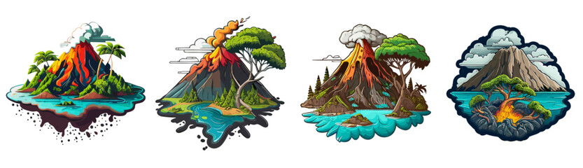 Set of volcano island vector flat color illustration - obrazy, fototapety, plakaty