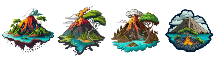 Fotobehang Set of volcano island vector flat color illustration © Giordano Aita