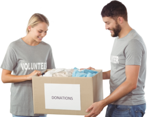 Happy volunteer looking at donation box