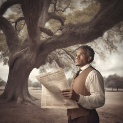 AI generated African American man reading of the Emancipation Proclamation from sheet of paper next the strong oak tree - obrazy, fototapety, plakaty