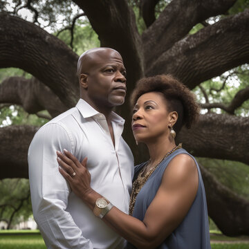 AI generated african american man and woman standing under a big oak tree in the park