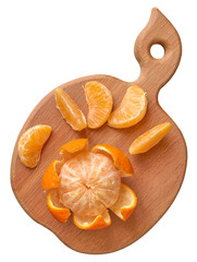 Peeled juicy tangerine on a wooden board, isolated on a white background - 587374022