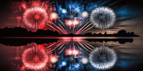 Red white & blue fireworks reflecting in lake - Generative AI