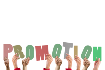 Cropped hands holding colorful word promotion 