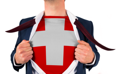 Businessman opening shirt to reveal swiss flag