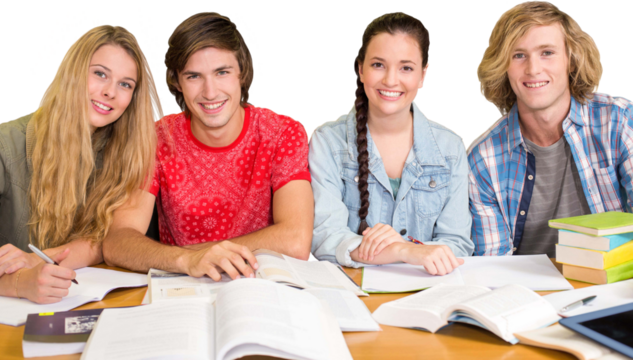 College students doing homework in library