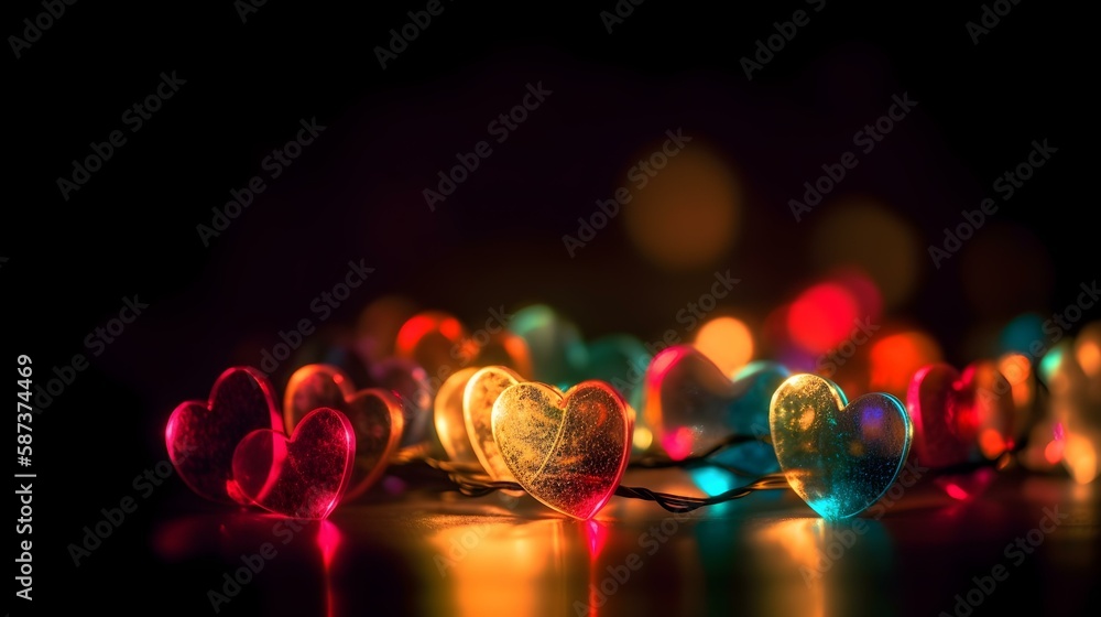 Wall mural glowing in the dark colorful heart-shaped bokeh lights - valentine's day texture background