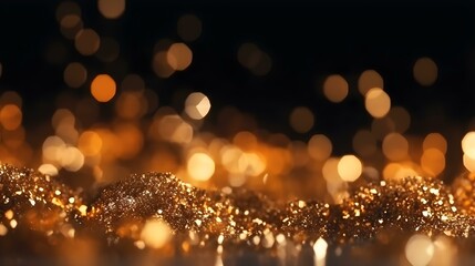Fototapeta na wymiar Festive Golden Glittering Winter Holiday Background with Bokeh Lights and Snow