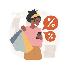 Sales information isolated cartoon vector illustration. Teenage girl with bags using phone with bubble icon and scanning shop products, checking discount information via app vector cartoon.