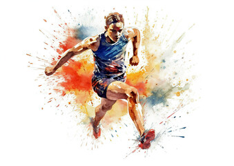 Watercolor abstract illustration of track and field.Sports abstract.Running with great momentum for a healthy life.Colorful paint splash during hurdle jump, isolated on white background.AI generated