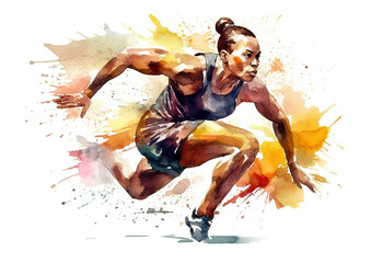 Watercolor abstract illustration of track and field.Sports abstract.Running with great momentum for a healthy life.Colorful paint splash during hurdle jump, isolated on white background.AI generated